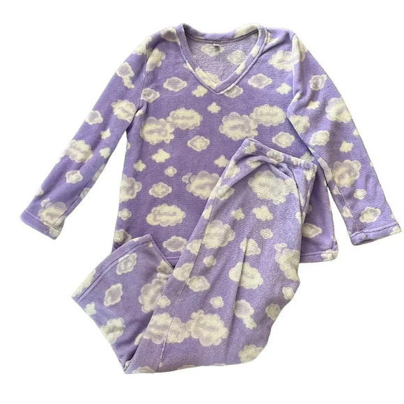 Victoria's Secret Pink Women's XL Lavender Cloud Print V-Neck‎ Fleece Pajama Set - Picture 1 of 8